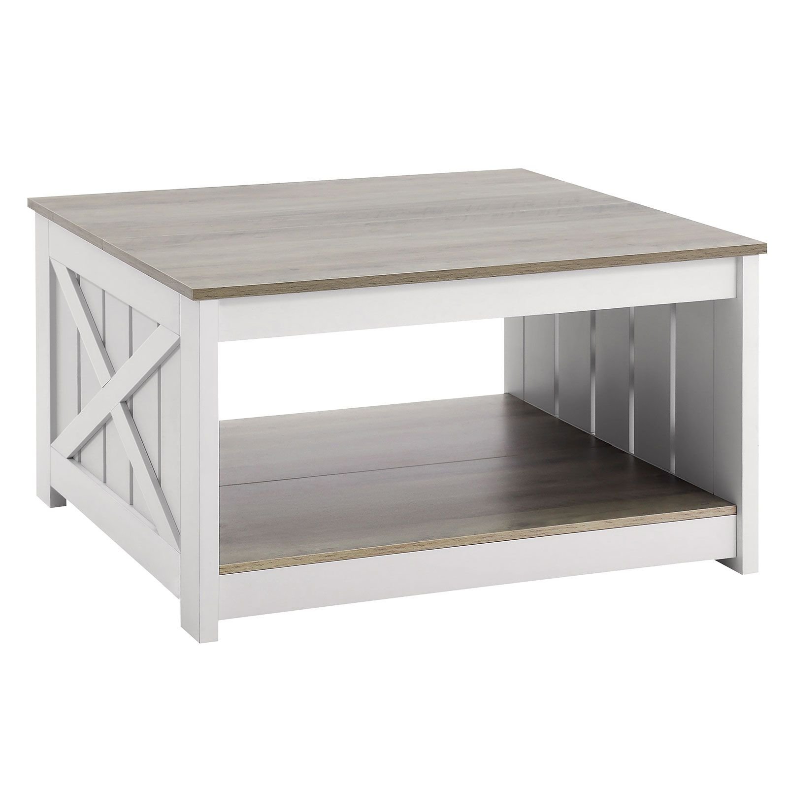 31.5" farmhouse coffee table, square coffee table with open storage compartment, wooden rustic cocktail table for living room, bedroom, apartment, studio, gray & white