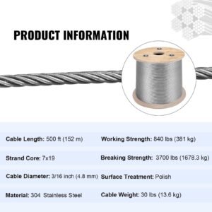 3/16 inch 7x19 stainless steel aircraft cable reel 500ft stainless steel cable t304 wire rope winch cable replacement (t304)