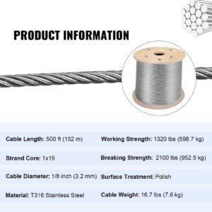 316 stainless steel cable 1/8" 1x19 steel cable wire rope 150m/500ft cable railing transport wire rope cable for railing decking diy balustrade(150m)