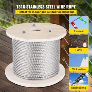 316 stainless steel cable, 500ft stainless steel wire rope of 5/32 inch diameter and 1x19 construction, 3300 lbs breaking strength steel cable for outdoor railing decking diy balustrade