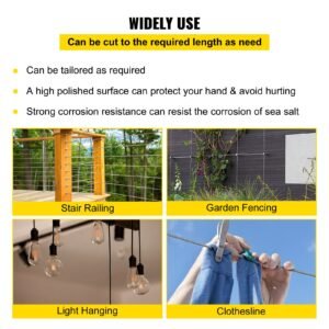 316 stainless steel cable, 500ft stainless steel wire rope of 5/32 inch diameter and 1x19 construction, 3300 lbs breaking strength steel cable for outdoor railing decking diy balustrade