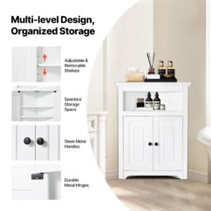 32" corner storage cabinet, 3 tiers small storage cabinet with 2 wooden doors & adjustable shelves, freestanding corner kitchen cabinet for living room, kitchen, laundry room, bathroom, white