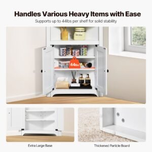 32" corner storage cabinet, 3 tiers small storage cabinet with 2 wooden doors & adjustable shelves, freestanding corner kitchen cabinet for living room, kitchen, laundry room, bathroom, white