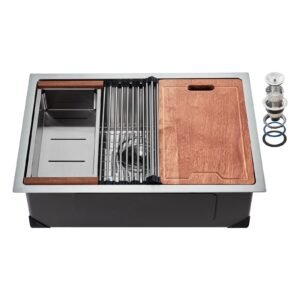 32 inch kitchen sink workstation, 304 stainless steel undermount sink, drop in single bowl farmhouse basin with ledge & multiple accessories, household dishwasher sinks for rv, prep kitchen, bar