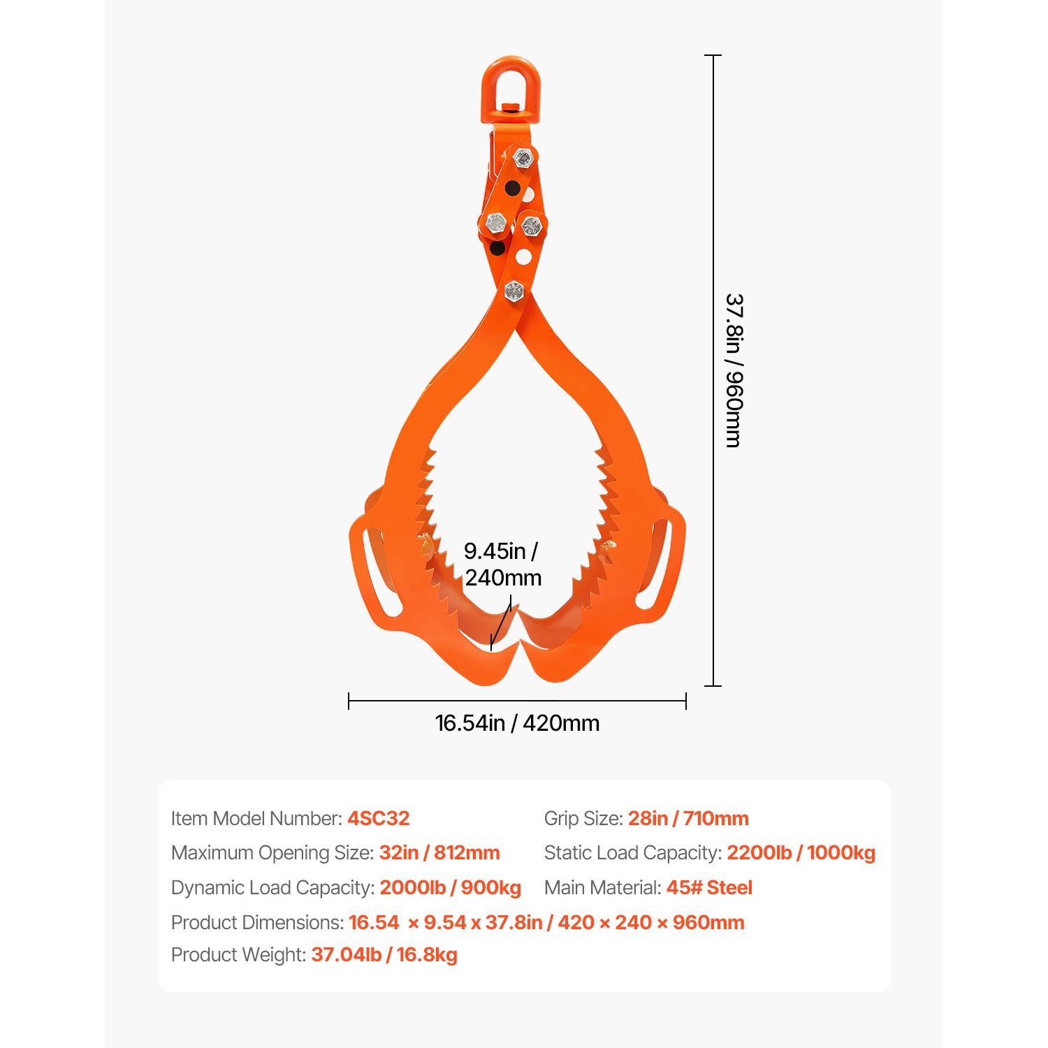 32in log lifting tongs, 4 claw log tongs, heavy duty steel log grapple, 2200lbs lifting capacity, swivel log graper timber, eagle claw design, log skidding tongs for trucks, tractors, forklifts