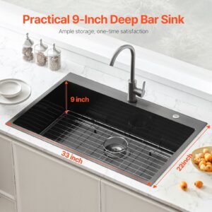 33 inch kitchen sink workstation, 304 stainless steel top mount sinks, drop in single bowl farmhouse basin with accessories, household dishwasher sinks for rv, prep kitchen, and bar (black)