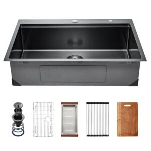 33 inch Kitchen Sink Workstation, 304 Stainless Steel Top Mount Sinks, Drop-In Single Bowl Farmhouse Basin with Ledge & Multiple Accessories, Household Dishwasher Sink for RV, Bar (Black)