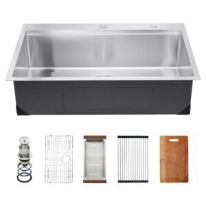 33 inch Kitchen Sink Workstation, 304 Stainless Steel Top Mount Sinks, Drop-In Single Bowl Farmhouse Basin with Ledge & Multiple Accessories, Household Dishwasher Sink for RV, Prep Kitchen, Bar