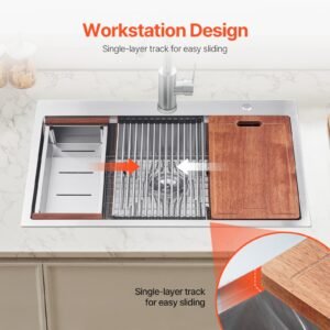 33 inch kitchen sink workstation, 304 stainless steel top mount sinks, drop in single bowl farmhouse basin with ledge & multiple accessories, household dishwasher sink for rv, prep kitchen, bar