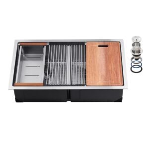 33 inch kitchen sink workstation, 304 stainless steel undermount sink, drop in double bowl farmhouse basin with ledge & multiple accessories, household dishwasher sinks for rv, prep kitchen, bar
