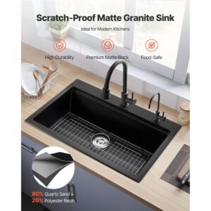 33 inch kitchen sink workstation, top mount granite sinks, drop in single bowl farmhouse basin with multiple accessories, household dishwasher sink for rv, prep kitchen, and bar (black)