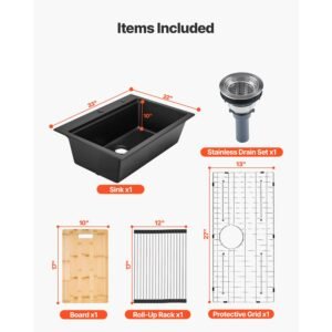 33 inch kitchen sink workstation, top mount granite sinks, drop in single bowl farmhouse basin with multiple accessories, household dishwasher sink for rv, prep kitchen, and bar (black)