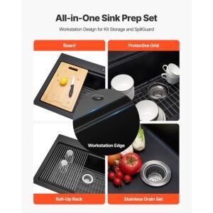 33 inch kitchen sink workstation, top mount granite sinks, drop in single bowl farmhouse basin with multiple accessories, household dishwasher sink for rv, prep kitchen, and bar (black)