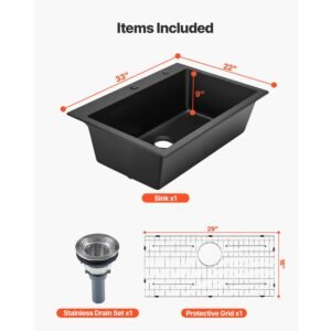 33 inch kitchen sink workstation, top mount granite sinks, drop in single bowl farmhouse basin with multiple accessories, household dishwasher sinks for rv, prep kitchen, and bar (black)