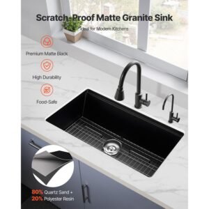 33 inch kitchen sink workstation, undermount granite sink, drop in single bowl farmhouse basin with multiple accessories, household dishwasher sinks for rv, prep kitchen, and bar (black)