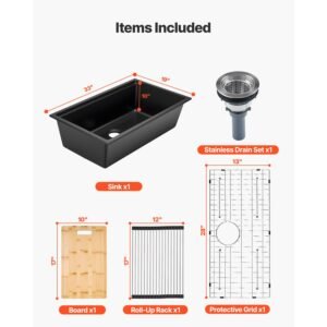 33 inch kitchen sink workstation, undermount granite sink, drop in single bowl farmhouse basin with multiple accessories, household dishwasher sinks for rv, prep kitchen, and bar (black)