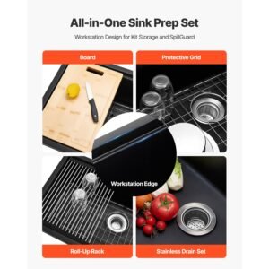 33 inch kitchen sink workstation, undermount granite sink, drop in single bowl farmhouse basin with multiple accessories, household dishwasher sinks for rv, prep kitchen, and bar (black)