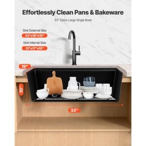 33 inch kitchen sink workstation, undermount granite sink, drop in single bowl farmhouse basin with multiple accessories, household dishwasher sinks for rv, prep kitchen, and bar (black)