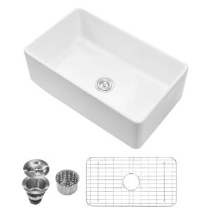 33.5x20 inch Farmhouse Sink, White Sink Workstation, Fireclay Undermount Basins, Apron Front Single Bowl Basin with Multiple Accessories, Large Capacity Household Dishwasher Sinks for Kitchen