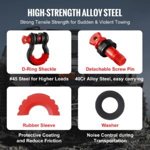 3/4" d ring shackle, 2 pack alloy steel shackles 62832 lbs (28.5 ton) break strength with 7/8" screw pin, isolators & washers, heavy duty off road vehicle recovery shackle for jeep truck, black