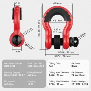 3/4" d ring shackle, 2 pack alloy steel shackles 62832 lbs (28.5 ton) break strength with 7/8" screw pin, isolators & washers, heavy duty off road vehicle recovery shackle for jeep truck, red