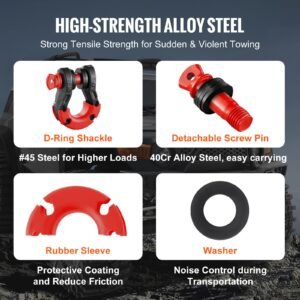 3/4" d ring shackle, 2 pack alloy steel shackles 66139 lbs (30 ton) break strength with 7/8" screw pin, isolators & washers, heavy duty off road vehicle recovery shackle for jeep truck, black
