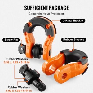 3/4" d ring shackle, 2 pack alloy steel shackles 66139 lbs (30 ton) break strength with 7/8" screw pin, isolators & washers, heavy duty off road vehicle recovery shackle for jeep truck, orange