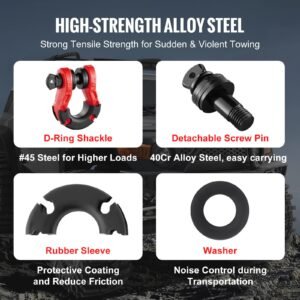 3/4" d ring shackle, 2 pack alloy steel shackles 66139 lbs (30 ton) break strength with 7/8" screw pin, isolators & washers, heavy duty off road vehicle recovery shackle for jeep truck, red