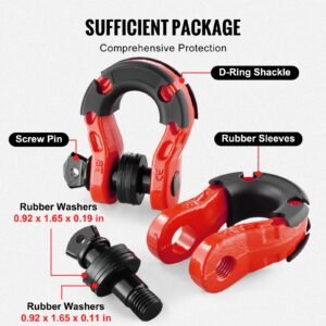 3/4" d ring shackle, 2 pack alloy steel shackles 66139 lbs (30 ton) break strength with 7/8" screw pin, isolators & washers, heavy duty off road vehicle recovery shackle for jeep truck, red