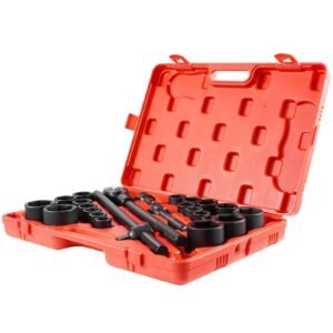 3/4 in drive impact socket set, 27 pieces sae 7/8 in to 2 in and metric 22 mm to 50 mm, 6 point cr v alloy steel for auto repair, includes extension bars, ratchet handle and storage case