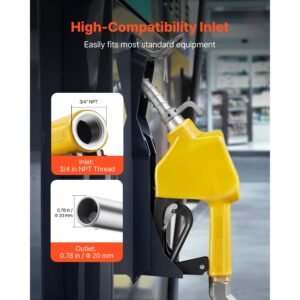 3/4 inch npt automatic fuel nozzle, max flow rate 11.8 gpm, auto shut off diesel gas pump nozzle with 3 speed trigger lock & 0.78 in (od=20 mm) spout for gasoline, diesel, kerosene, yellow