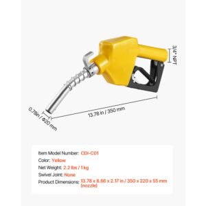 3/4 inch npt automatic fuel nozzle, max flow rate 11.8 gpm, auto shut off diesel gas pump nozzle with 3 speed trigger lock & 0.78 in (od=20 mm) spout for gasoline, diesel, kerosene, yellow
