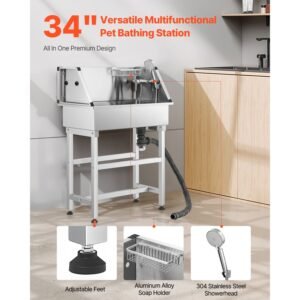 34 inch stainless steel dog washing station, pet grooming tub with hot & cold faucet, showerhead, storage rack, no bend all in one bathtub, home wash sink, fits small cats and dogs