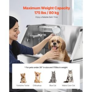 34 inch stainless steel dog washing station, pet grooming tub with hot & cold faucet, showerhead, storage rack, no bend all in one bathtub, home wash sink, fits small cats and dogs