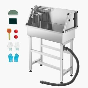 34 Inch Stainless Steel Dog Washing Station, Pet Grooming Tub with Hot & Cold Faucet, Showerhead, Storage Rack, No-Bend All-in-One Bathtub, Home Wash Sink, Fits Small Cats and Dogs