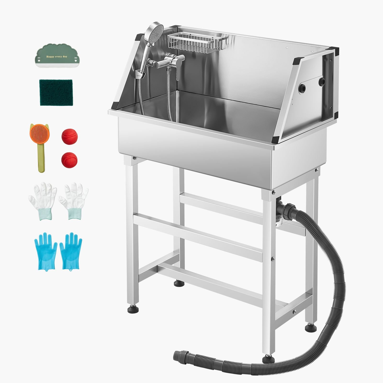 34 inch stainless steel dog washing station, pet grooming tub with hot & cold faucet, showerhead, storage rack, no bend all in one bathtub, home wash sink, fits small cats and dogs