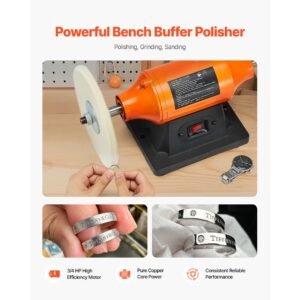 3/4hp bench buffer polisher, 8 inch bench polishing buffing machine, 3450rpm single speed benchtop polisher with 2pcs cloth wheels & cast iron base for metal, jewelry, wood polishing
