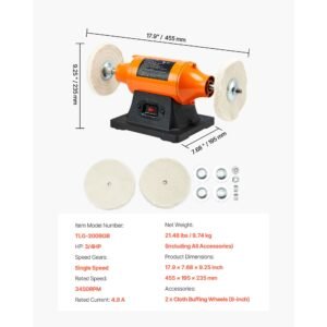 3/4hp bench buffer polisher, 8 inch bench polishing buffing machine, 3450rpm single speed benchtop polisher with 2pcs cloth wheels & cast iron base for metal, jewelry, wood polishing