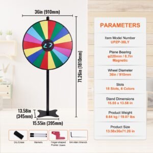 36 inch spinning prize wheel, 18 slots spinning wheel, roulette wheel with a dry erase and 2 markers, tabletop or floor standing win fortune spin games in party pub trade show carnival