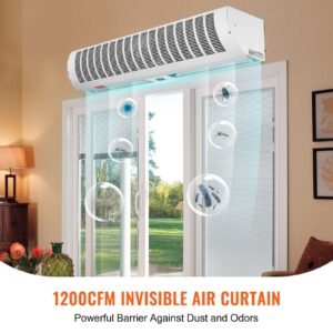 36" industrial air door blower, dual speed 1200cfm, for indoor entryways, includes robust limit switch, wall mount design, 110v non heated, simplified installation