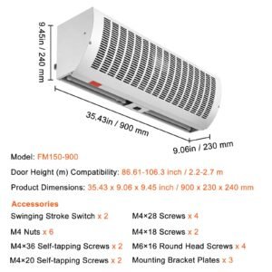 36" industrial air door blower, dual speed 1200cfm, for indoor entryways, includes robust limit switch, wall mount design, 110v non heated, simplified installation