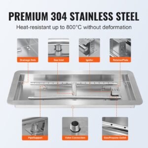 36 x 12 inch drop in fire pit pan, rectangular stainless steel fire pit burner kit, natural & propane gas fire pan 150,000 btu with h burner for indoor or outdoor use