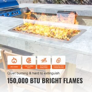36 x 12 inch drop in fire pit pan, rectangular stainless steel fire pit burner kit, natural & propane gas fire pan 150,000 btu with h burner for indoor or outdoor use