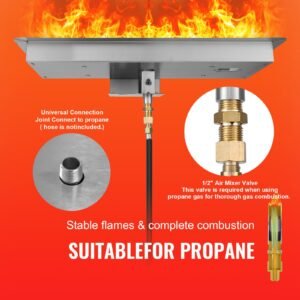 36 x 12 inch drop in fire pit pan, rectangular stainless steel fire pit burner kit, natural & propane gas fire pan 150,000 btu with h burner for indoor or outdoor use