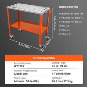 36" x 18" welding table, 1200lbs load capacity steel welding workbench table on wheels, portable work bench with braking lockable casters, 4 tool slots, 5/8 inch fixture holes, tool tray