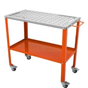 36" x 18" welding table, 1200lbs load capacity steel welding workbench table on wheels, portable work bench with braking lockable casters, 4 tool slots, 5/8 inch fixture holes, tool tray