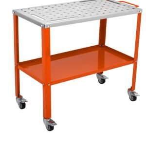 36" x 18" welding table, 1200lbs load capacity steel welding workbench table on wheels, portable work bench with braking lockable casters, 4 tool slots, 5/8 inch fixture holes, tool tray