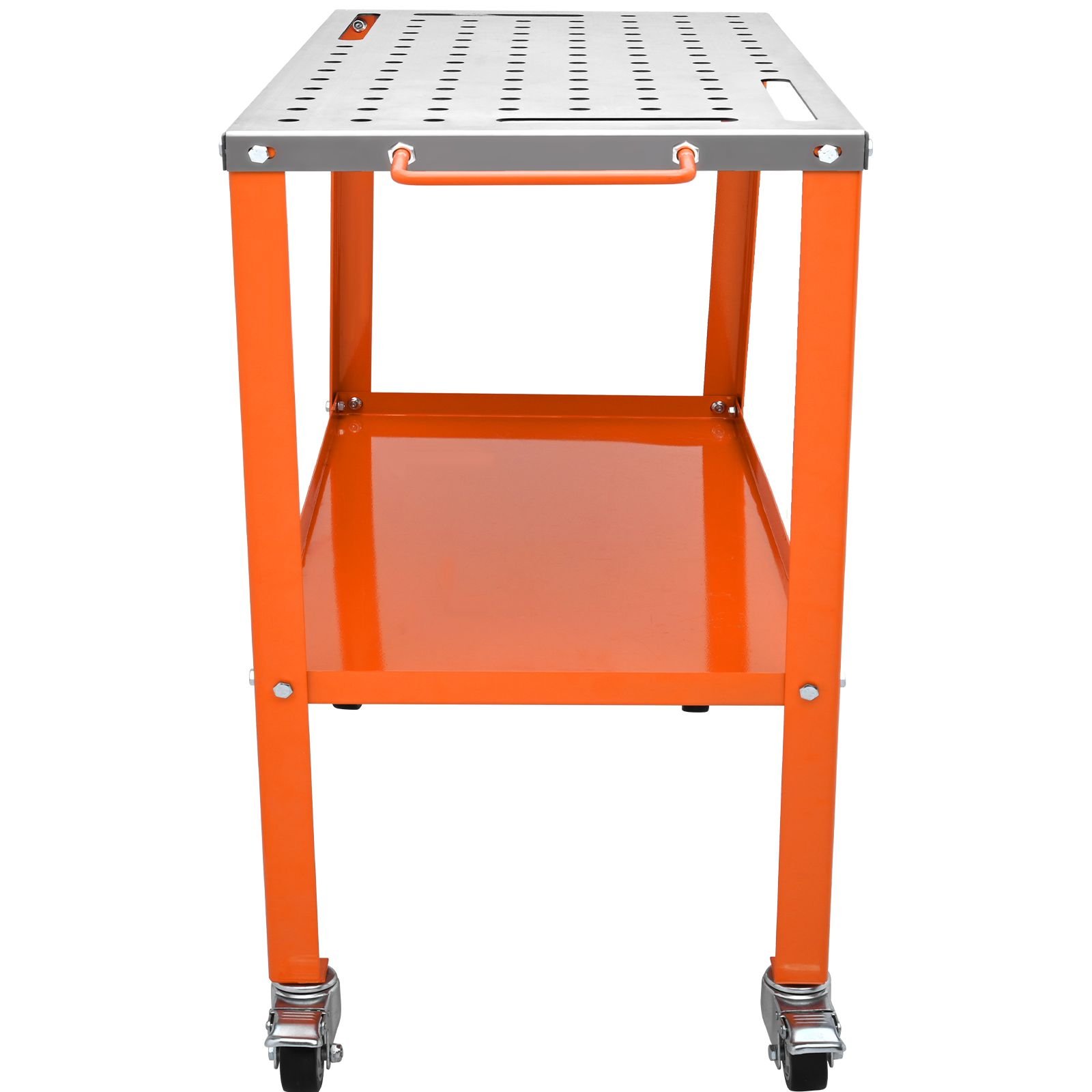 36" x 18" welding table, 1200lbs load capacity steel welding workbench table on wheels, portable work bench with braking lockable casters, 4 tool slots, 5/8 inch fixture holes, tool tray