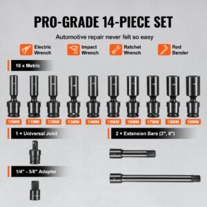 360 degree swivel impact socket set, 3/8" socket set 14pcs deep universal metric 10 19mm, 6 point cr mo alloy steel for auto repair, easy to read size markings, rugged construction, storage case