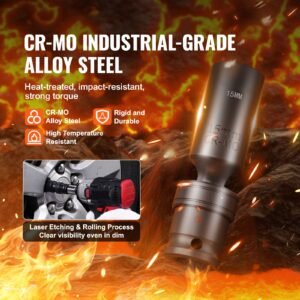 360 degree swivel impact socket set, 3/8" socket set 14pcs deep universal metric 10 19mm, 6 point cr mo alloy steel for auto repair, easy to read size markings, rugged construction, storage case